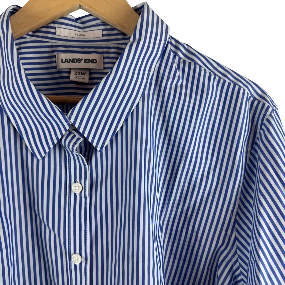 Lands' End Button Front Shirt Womens 22W Blue White Striped No Iron Cotton